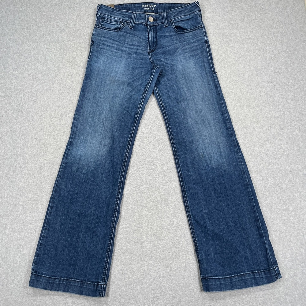 Ariat Trouser Jeans Women 30R (30x31) Blue Mid Rise Wide Leg Denim Western Zip